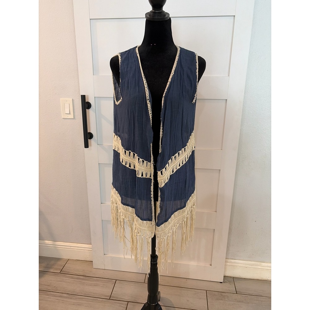 Vivid Collection NY Womens Navy Blue Crochet Fringe Boho Open Front‎ Vest Large